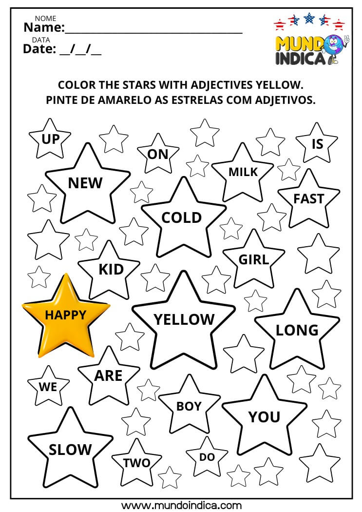 Atividade de Inglês Pinte de Amarelo as Estrelas com Adjetivos​ para Imprimir