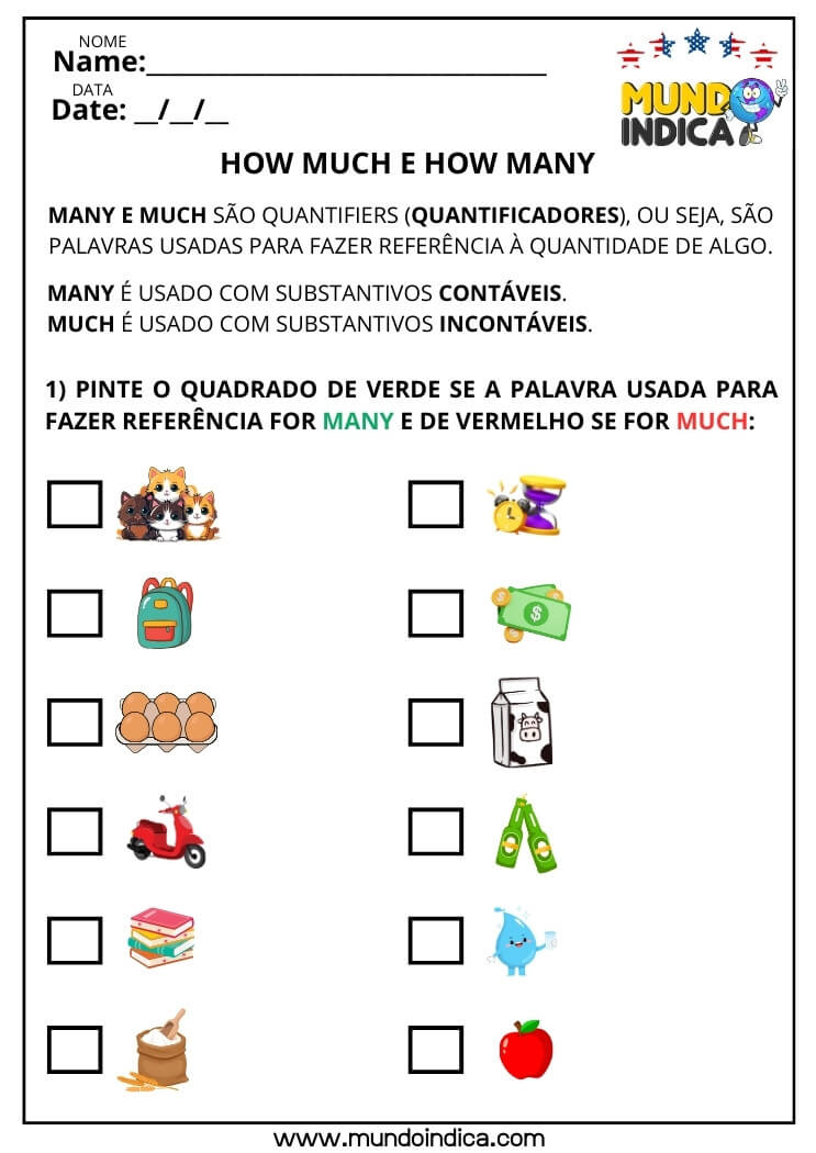 Atividade de Inglês Pinte o Quadrado de Verde se a Palavra Usada para Fazer Referência for Many e de Vermelho se for Much para Imprimir​