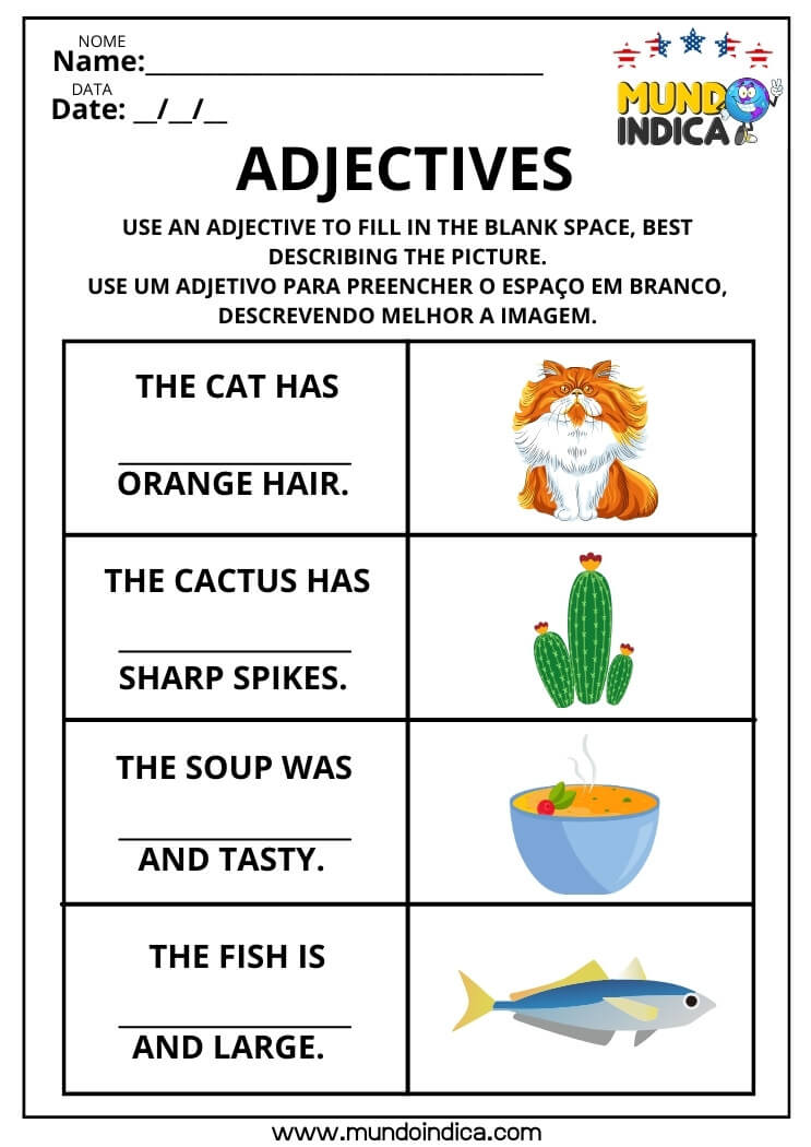 Atividade de Inglês Preencha o Espaço em Branco Descrevendo a Imagem com um Adjetivo para Imprimir