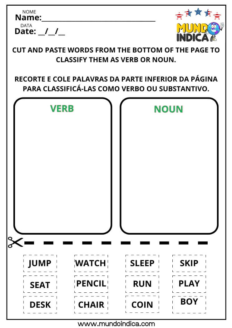 Atividade de Inglês Recorte e Cole as Palavras da Parte Inferior da Página para Classificá-las como Verbos ou Substantivos para Imprimir
