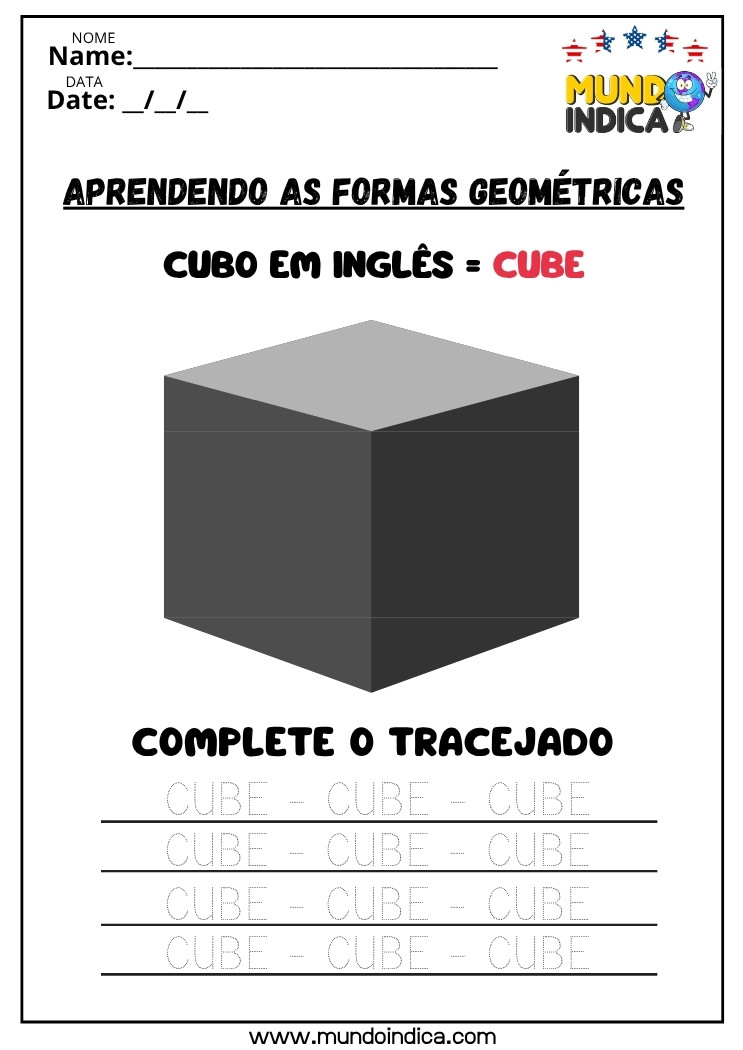 Atividade de Inglês Vocabulário e Escrita da Forma Geométrica Cube para Imprimir