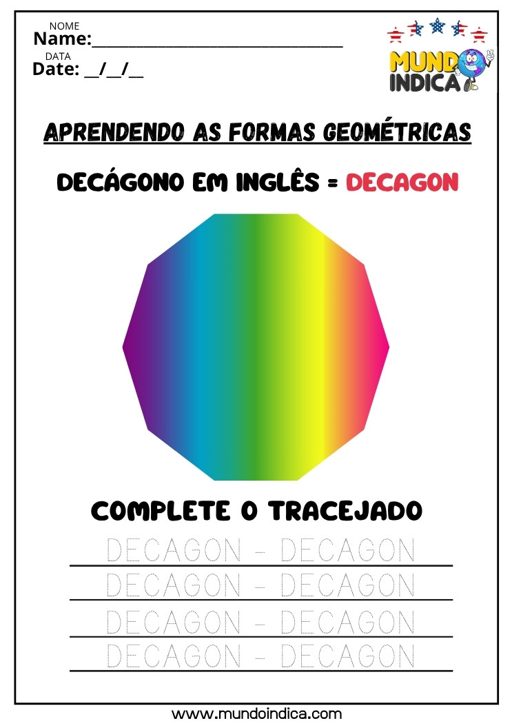 Atividade de Inglês Vocabulário e Escrita da Forma Geométrica Decagon para Imprimir