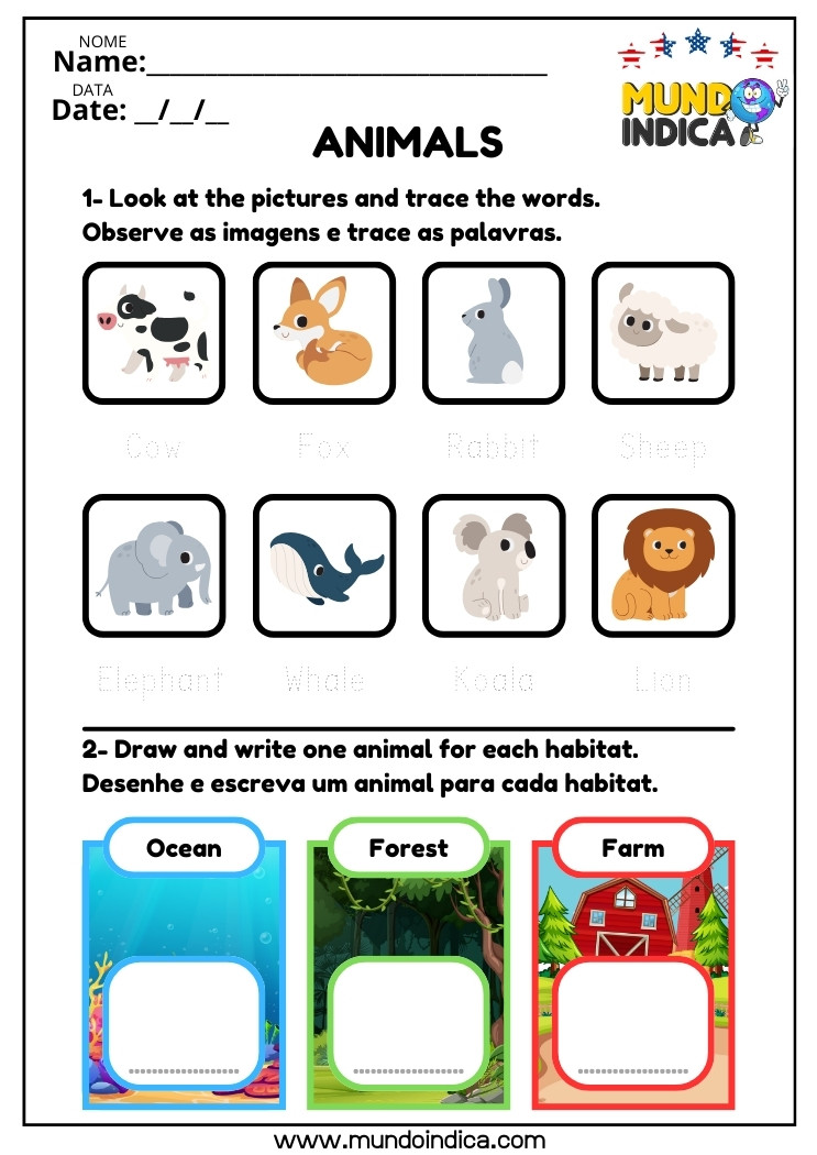 Atividade de Inglês com Animais do Oceano, Floresta e Fazenda Adaptada para Alunos Especiais para Imprimir​