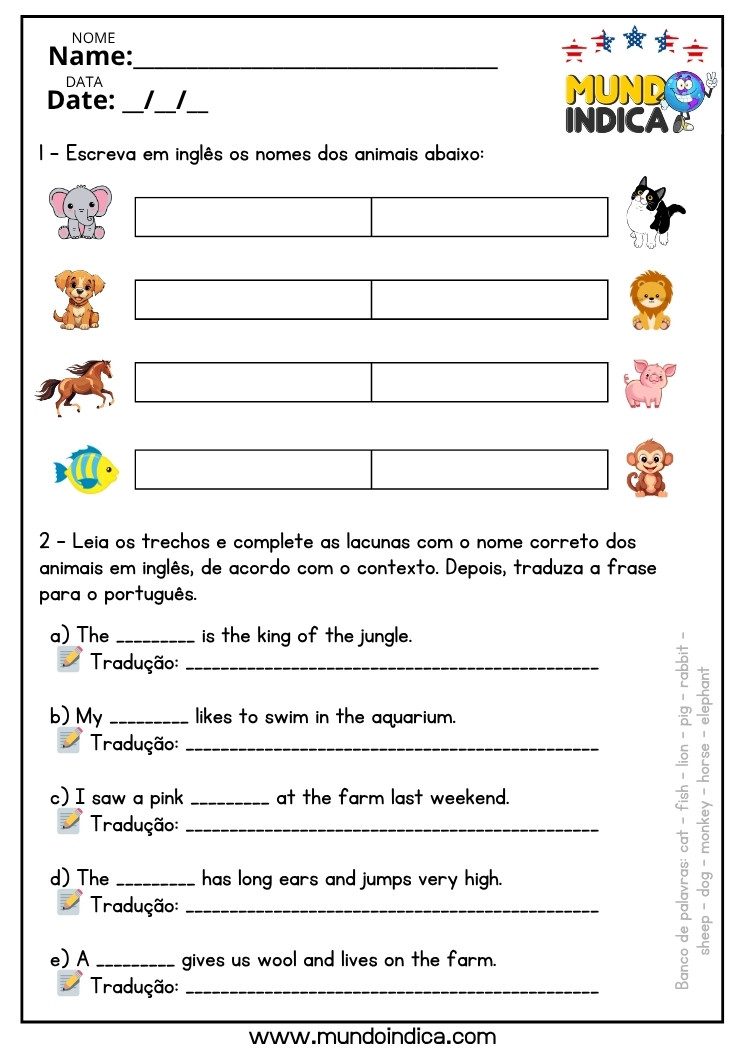 Atividade de Inglês com Animais para o 7 ano do Ensino Fundamental para Imprimir