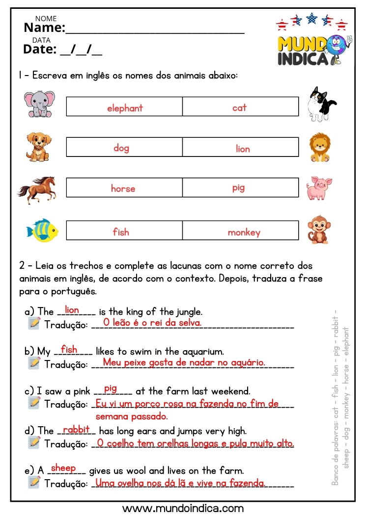 Atividade de Inglês com Animais para o 7 ano do Ensino Fundamental com respostas
