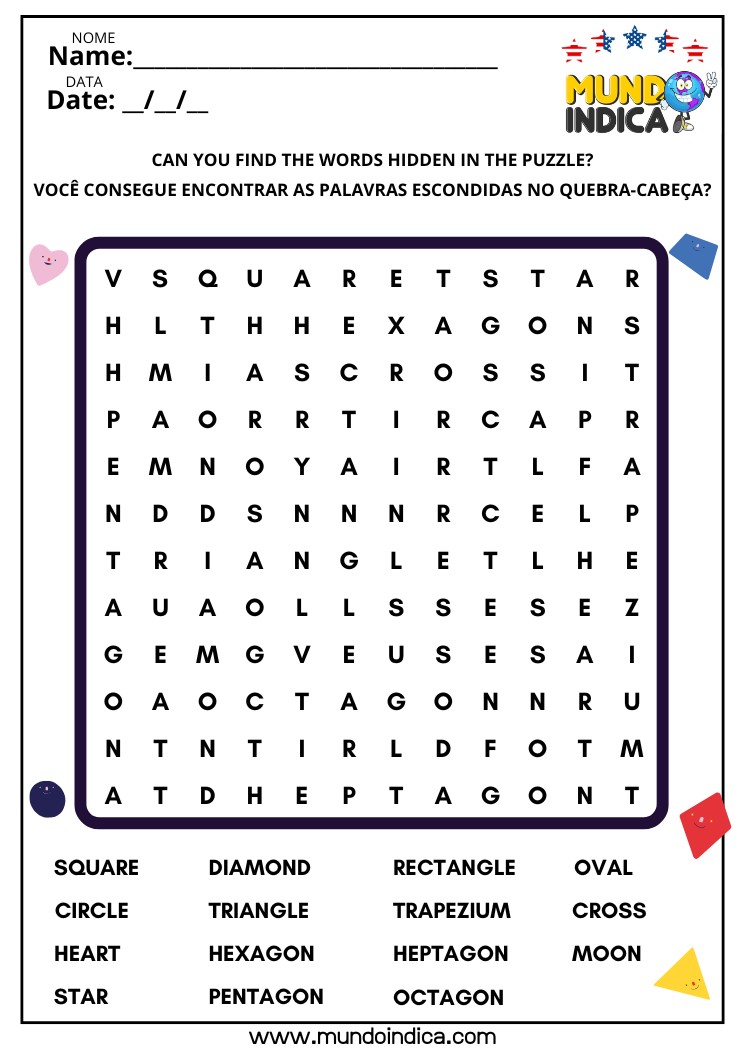 Atividade de Inglês com Caça-palavras das Formas Geométricas para Imprimir