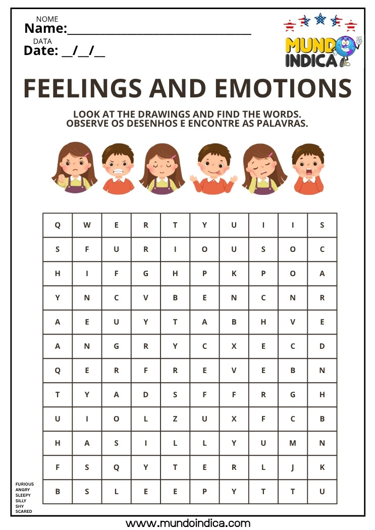 Atividade de Inglês com Caça-palavras sobre Emoções e Sentimentos para Imprimir