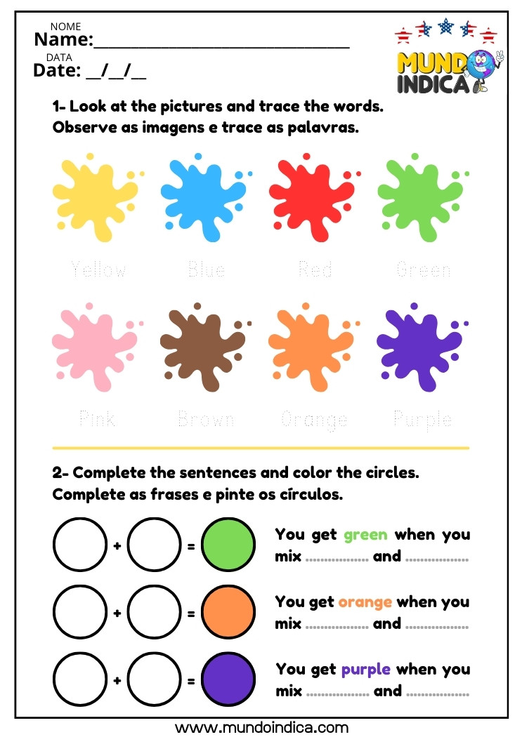 Atividade de Inglês com Cores Adaptada para Alunos Especiais para Imprimir​