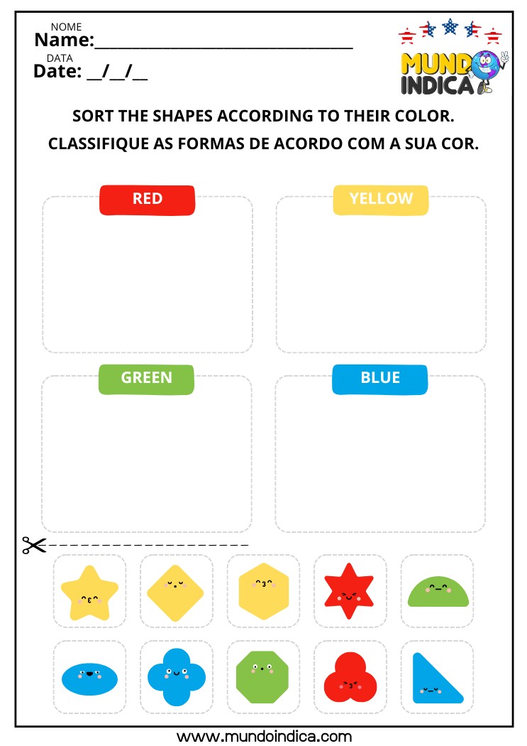 Atividade de Inglês com Cores e Formas Geométricas para Classificar Recortando e Colando para Imprimir