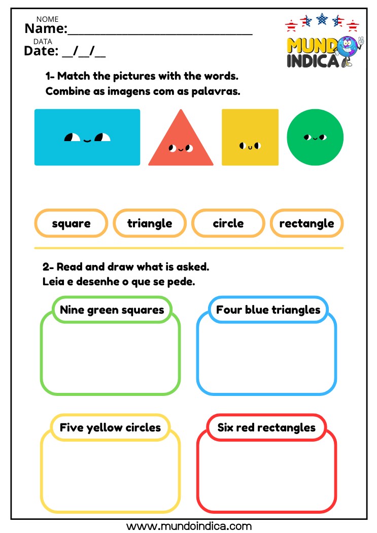 Atividade de Inglês com Formas Geométricas Combine as Figuras com as Palavras, Leia e Desenhe o que se Pede para Imprimir