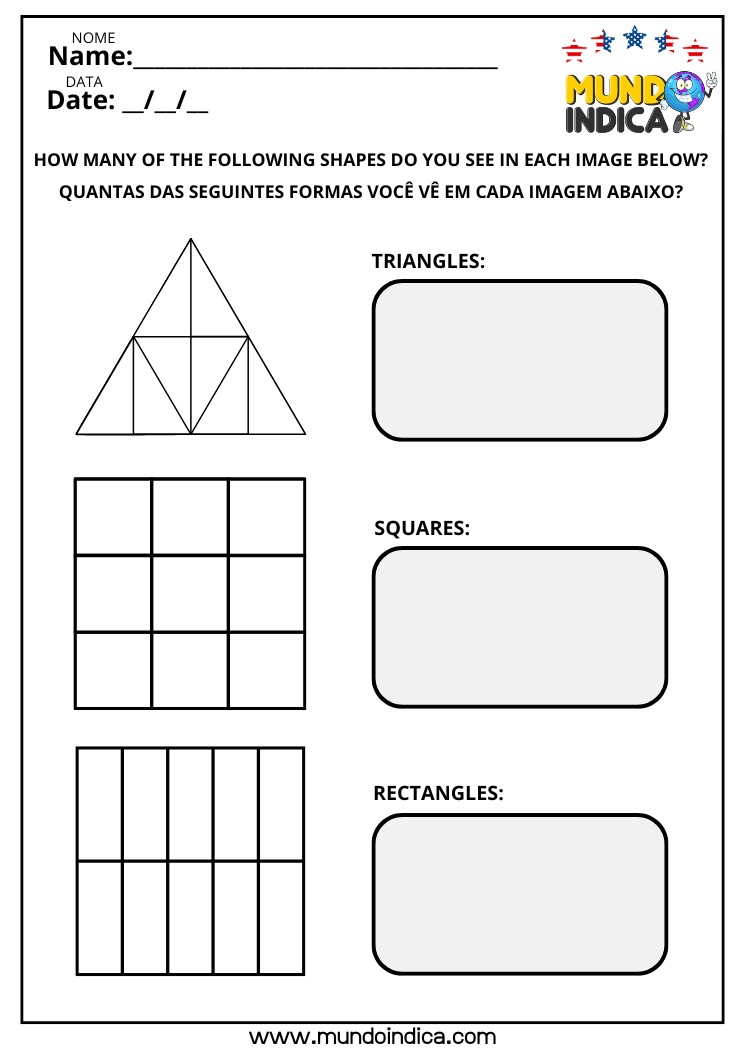 Atividade de Inglês com Formas Geométricas e How Many para Imprimir