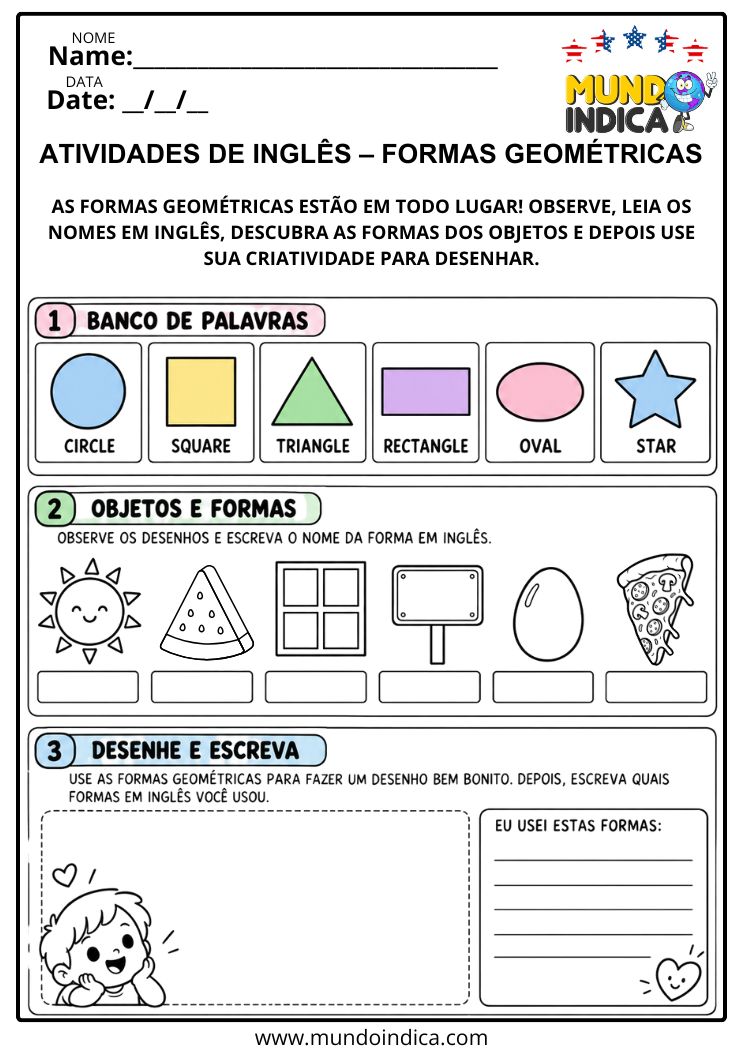 Atividade de Inglês com Formas Geométricas e Objetos do Dia a Dia para Desenhar e Escrever