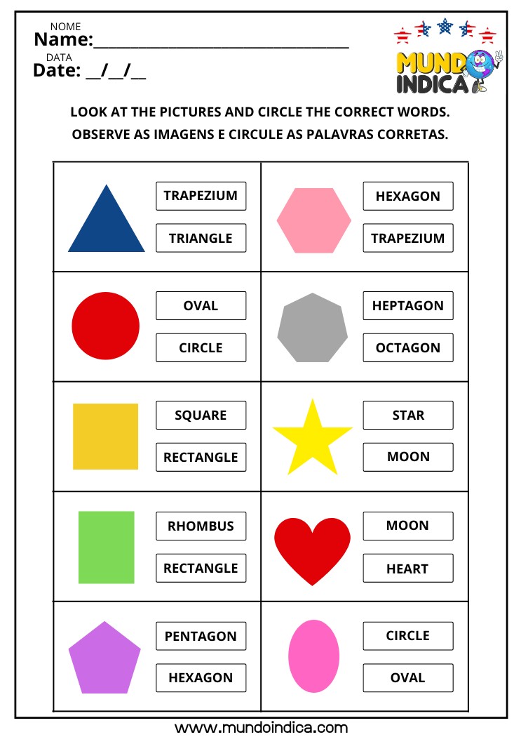 Atividade de Inglês com Formas Geométricas para Circular as Palavras Corretas de Acordo com a Figura Mostrada para Imprimir