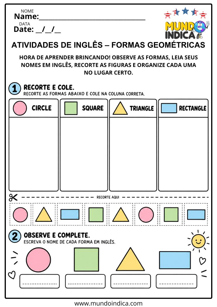 Atividade de Inglês com Formas Geométricas para Recortar, Classificar e Completar