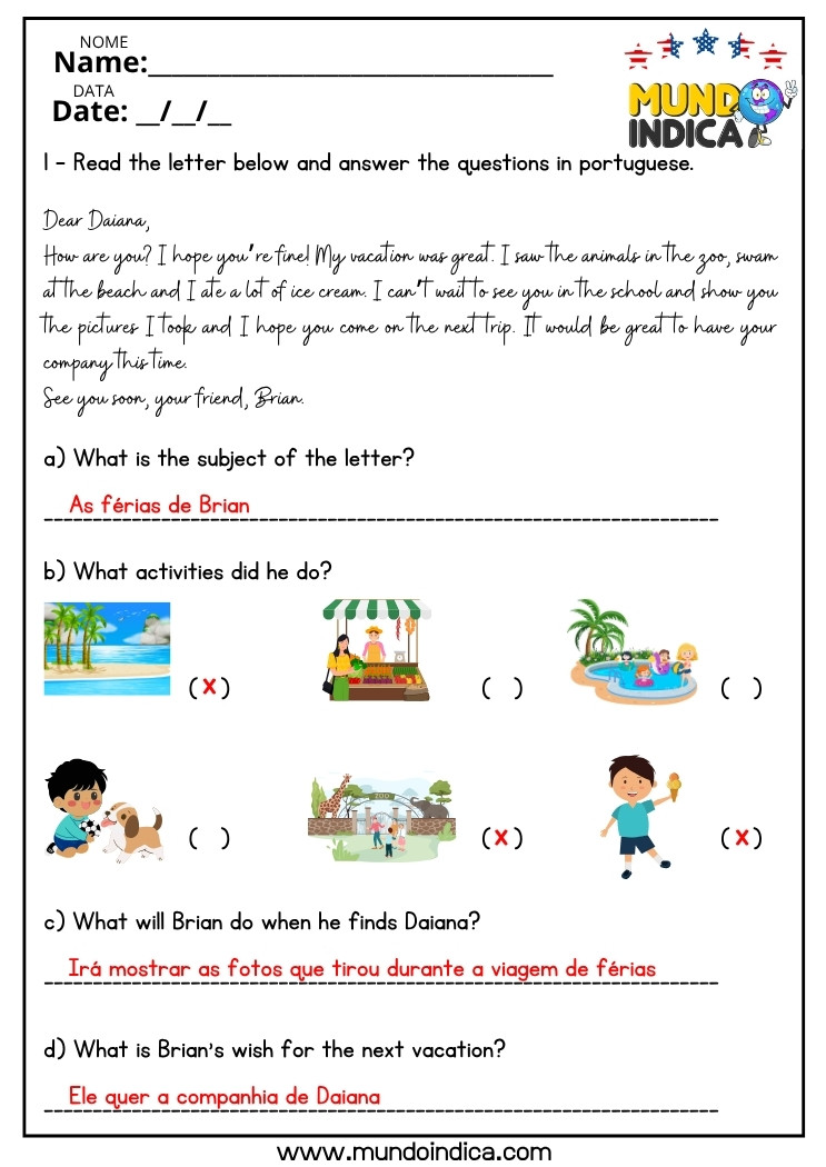 Atividade de Inglês com Interpretação de Texto para o 7 ano do Ensino Fundamental com respostas