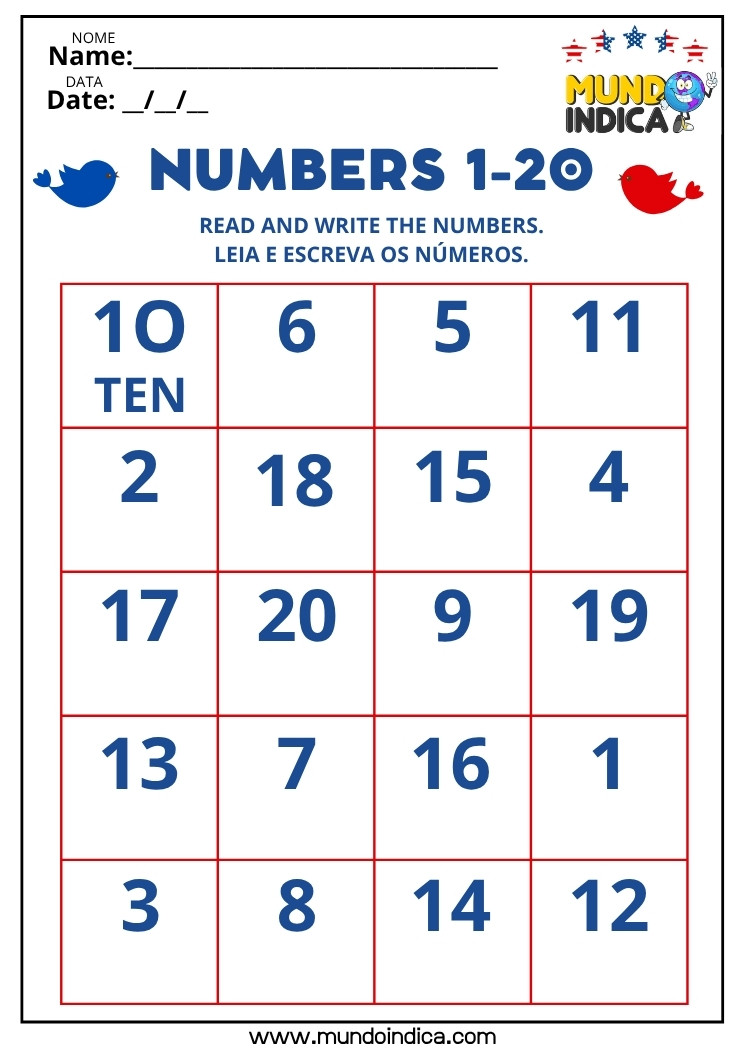 Atividade de Inglês com Números de 1 a 20 para Imprimir​