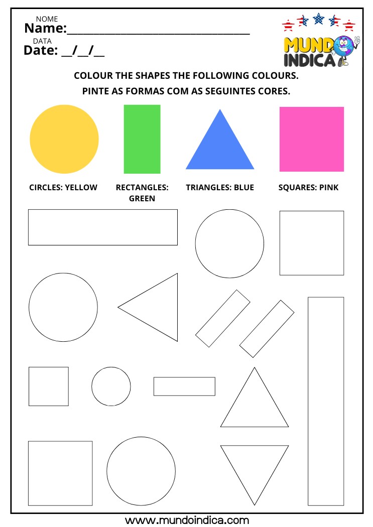 Atividade de Inglês com Pintura Direcionada das Formas Geométricas para Imprimir
