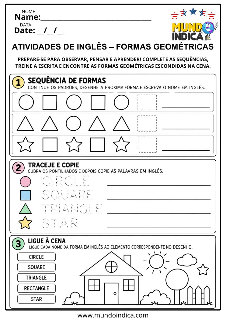 Atividade de Inglês com Sequência de Formas Geométricas, Tracejado e Cena do Dia a Dia