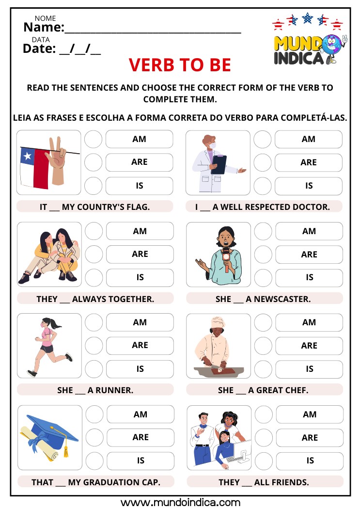 Atividade de Inglês com Verbo to Be Adaptada para Educação Especial para Imprimir​