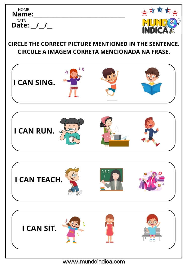 Atividade de Inglês com Verbos de Ação Circule a Figura Correta Mencionada na Frase para Imprimir