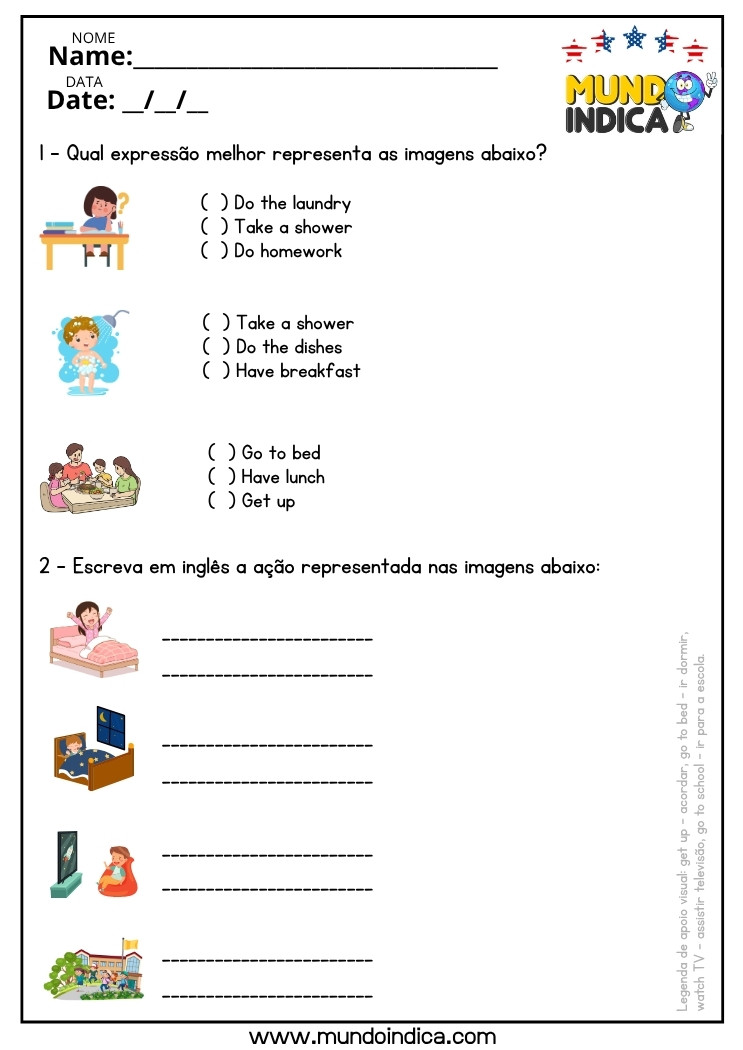 Atividade de Inglês com Verbos de Ação para o 7 ano do Ensino Fundamental para Imprimir