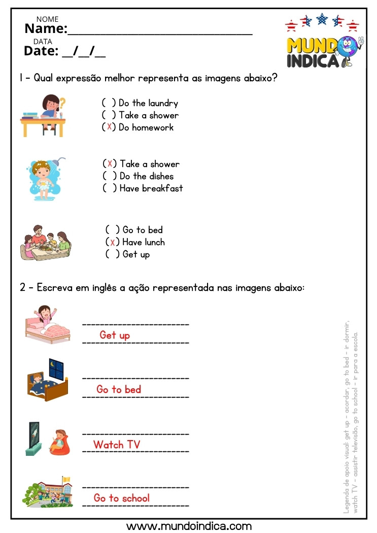 Atividade de Inglês com Verbos de Ação para o 7 ano do Ensino Fundamental com respostas