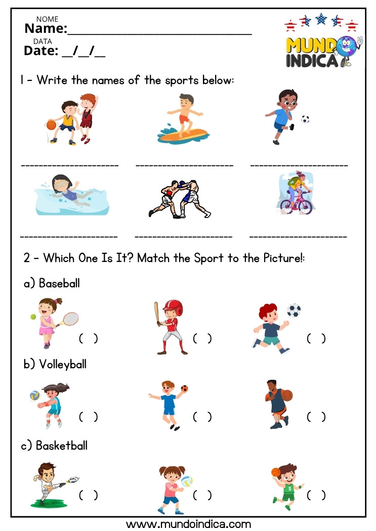 Atividade de Inglês com Vocabulário dos Esportes para o 7 ano do Ensino Fundamental para Imprimir