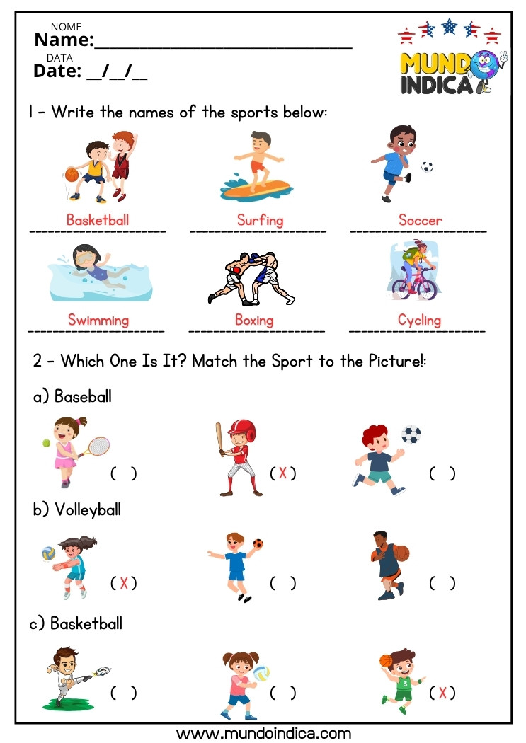 Atividade de Inglês com Vocabulário dos Esportes para o 7 ano do Ensino Fundamental com respostas
