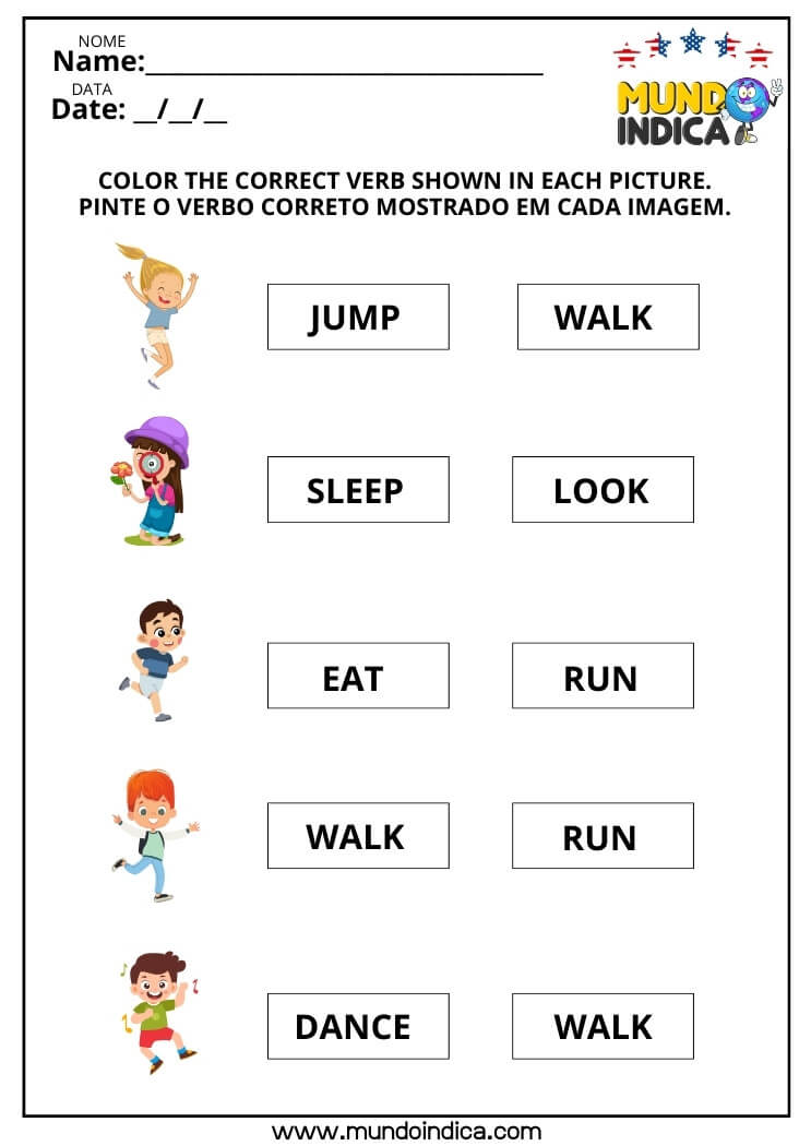 Atividade de Inglês para Pintar o Verbo Mostrado em cada Figura para Imprimir