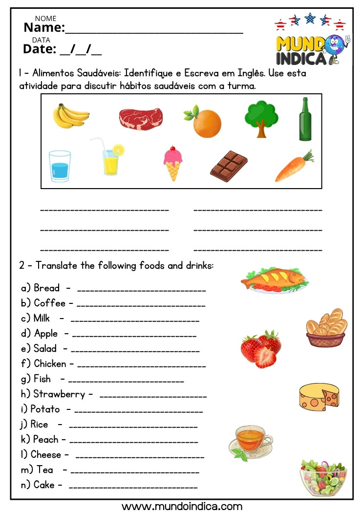 Atividade de Inglês sobre Alimentos Saudáveis, Comidas e Bebidas para o 7 ano do Ensino Fundamental para Imprimir