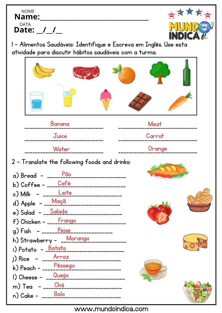 Atividade de Inglês sobre Alimentos Saudáveis, Comidas e Bebidas para o 7 ano do Ensino Fundamental com respostas