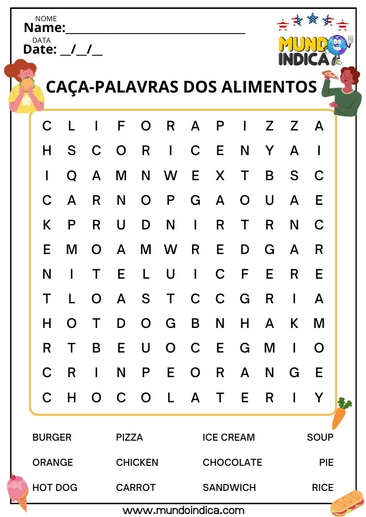 Atividade de Inglês sobre Alimentos com Caça-palavras para Alunos Especiais para Imprimir​