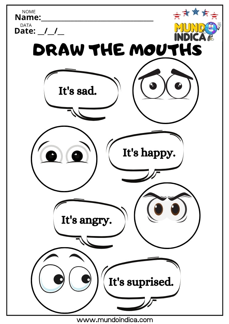 Atividade de Inglês sobre Emoções e Sentimentos Desenhe as Bocas Conforme as Frases dos Balões para Imprimir
