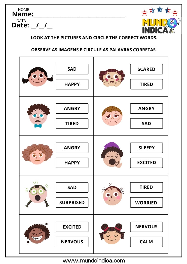 Atividade de Inglês sobre Emoções e Sentimentos Observe as Imagens e Circule as Palavras Corretas para Imprimir