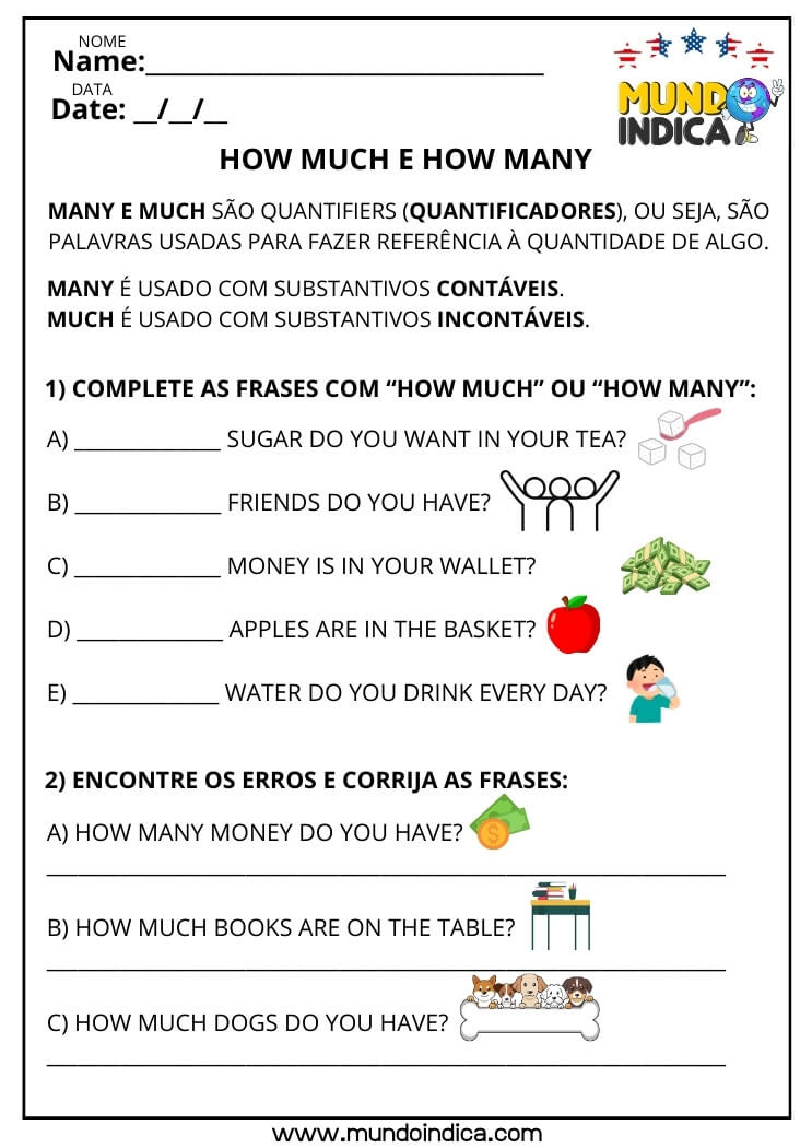 Atividade de Inglês sobre How Much e How Many para Completar as Frases, Encontrar os Erros e Corrigi-los para Imprimir​