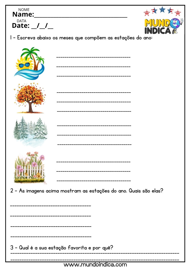 Atividade de Inglês sobre Meses e Estações do Ano para o 7 ano do Ensino Fundamental para Imprimir
