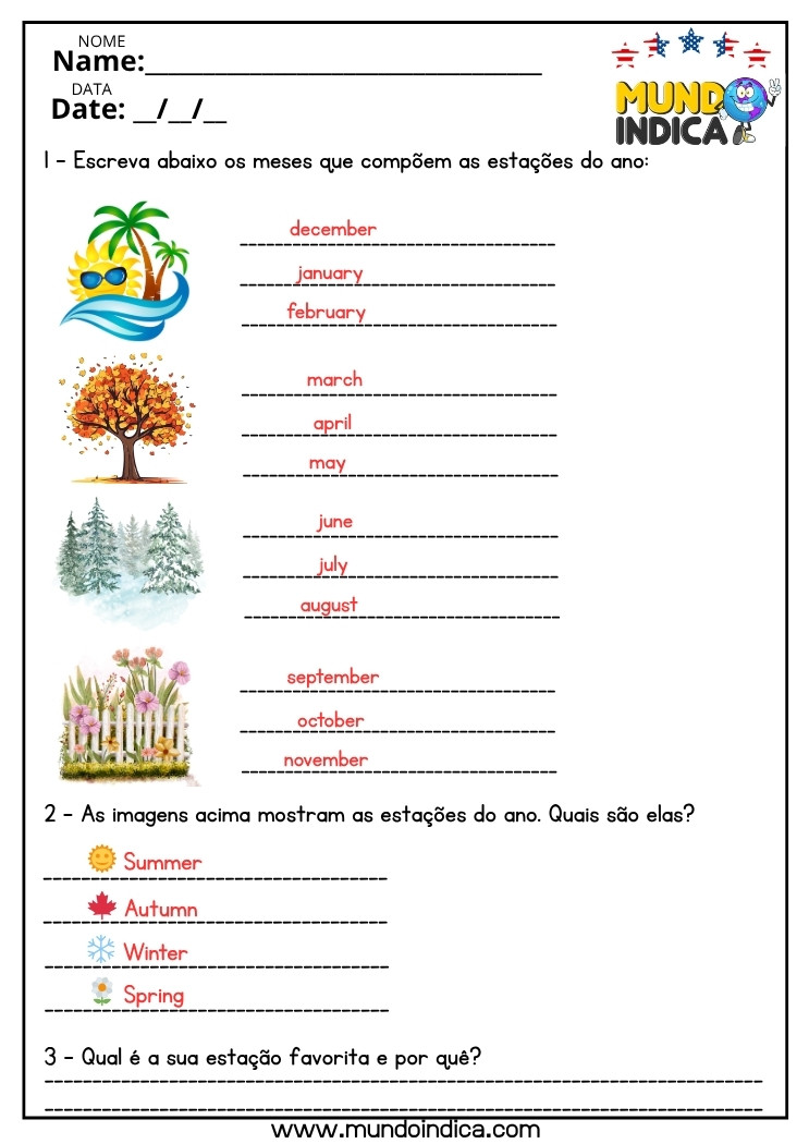 Atividade de Inglês sobre Meses e Estações do Ano para o 7 ano do Ensino Fundamental com respostas
