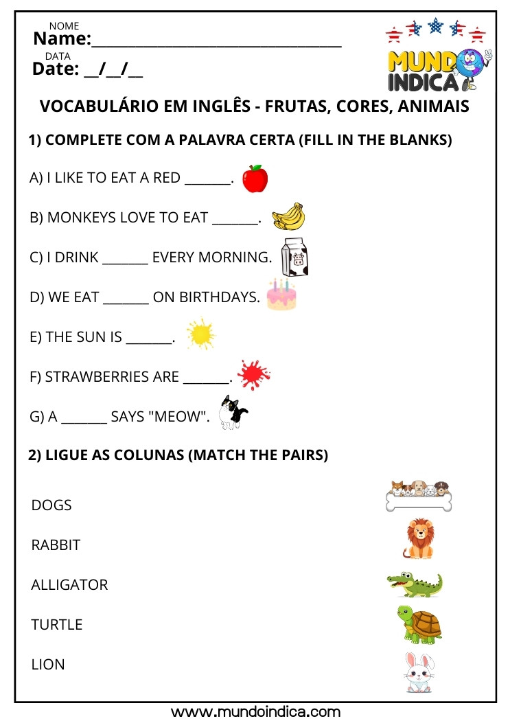 Atividade de Vocabulário Complete com a Palavra Certa e Ligue as Colunas das Figuras aos Nomes em Inglês​ para Imprimir
