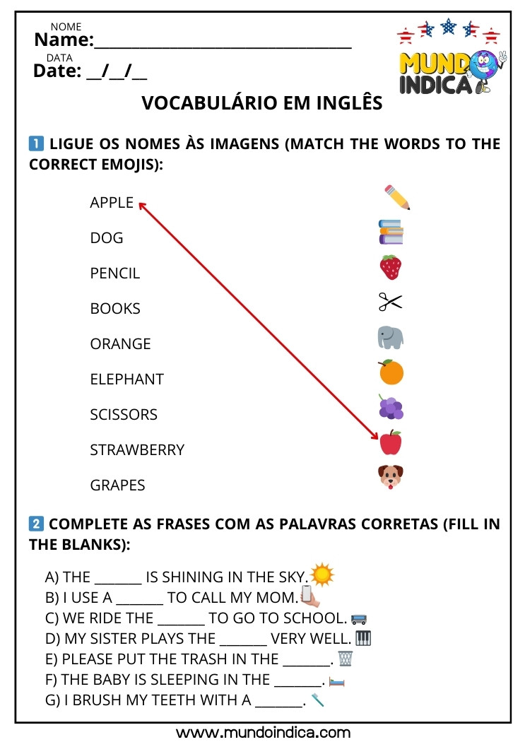Atividade de Vocabulário Ligue os Nomes em Inglês​ às Imagens e Complete as Frases com as Palavras Corretas para Imprimir