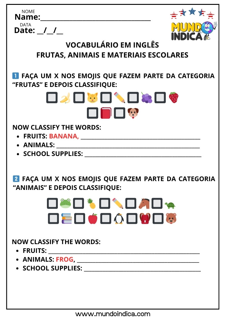 Atividade de Vocabulário em Inglês​ Faça um X nos Emojis que Fazem Parte da Categoria Fruta e Depois Classifique Frutas, Animais e Materiais Escolares para Imprimir