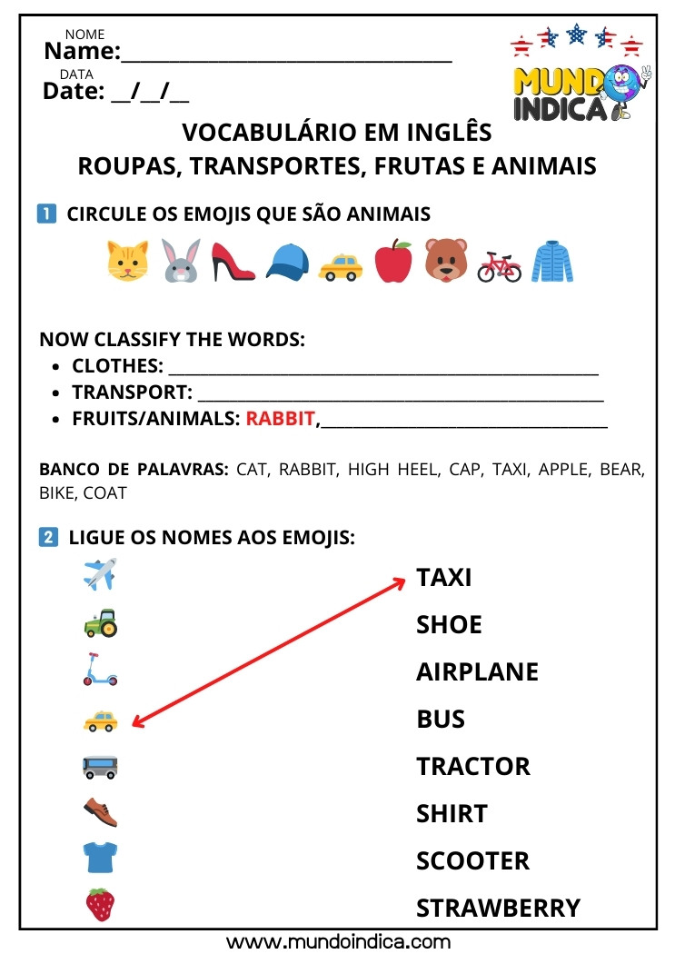 Atividade de Vocabulário em Inglês​ para Circular os Emojis, Classificar as Palavras e Ligar os Nomes aos Emojis para Imprimir