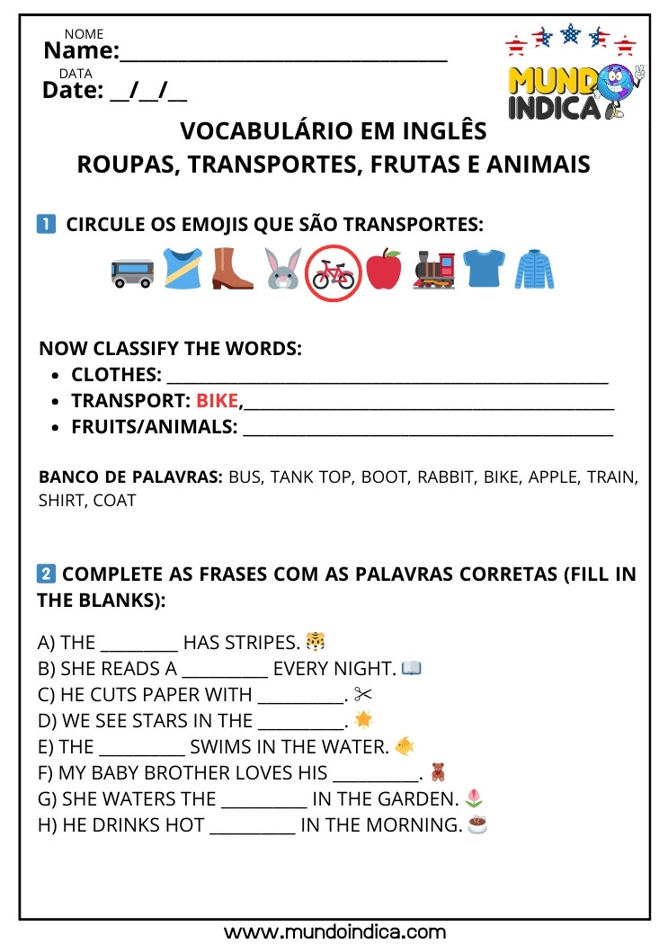Atividade de Vocabulário em Inglês​ para Circular os Emojis que São Transportes, Classificar as Figuras e Completar as Frases com as Palavras Corretas para Imprimir