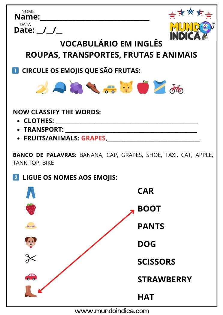 Atividade de Vocabulário em Inglês​ sobre Roupas, Transportes, Frutas e Animais para Imprimir
