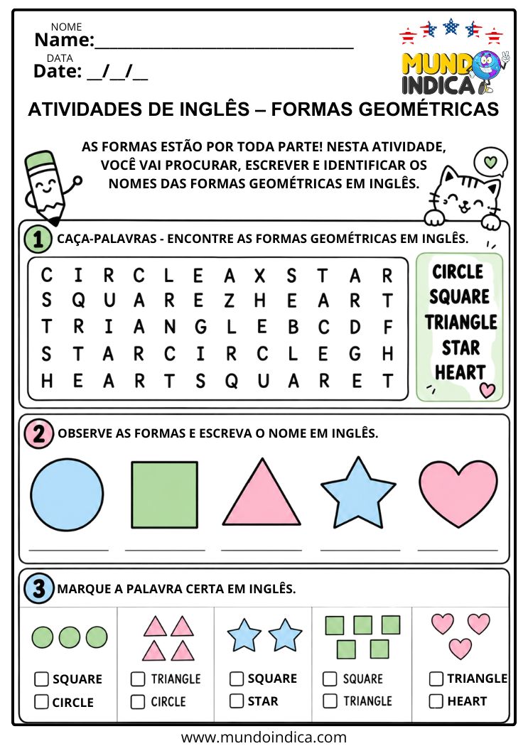Caça-Palavras em Inglês das Formas Geométricas e Atividade de Identificação