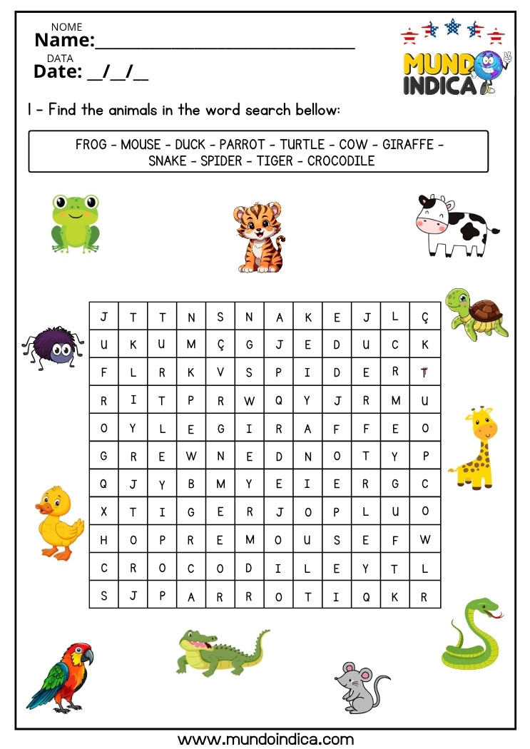 Caça-palavras de Inglês sobre Animais para o 7 ano do Ensino Fundamental para Imprimir