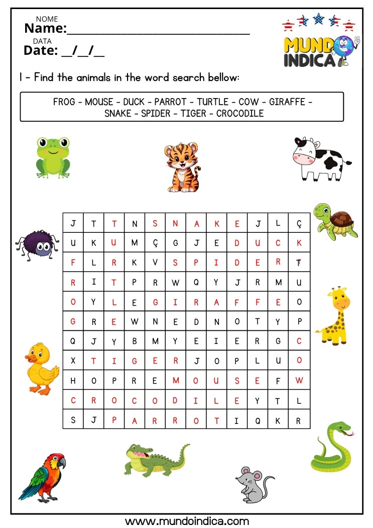 Caça-palavras de Inglês sobre Animais para o 7 ano do Ensino Fundamental com respostas