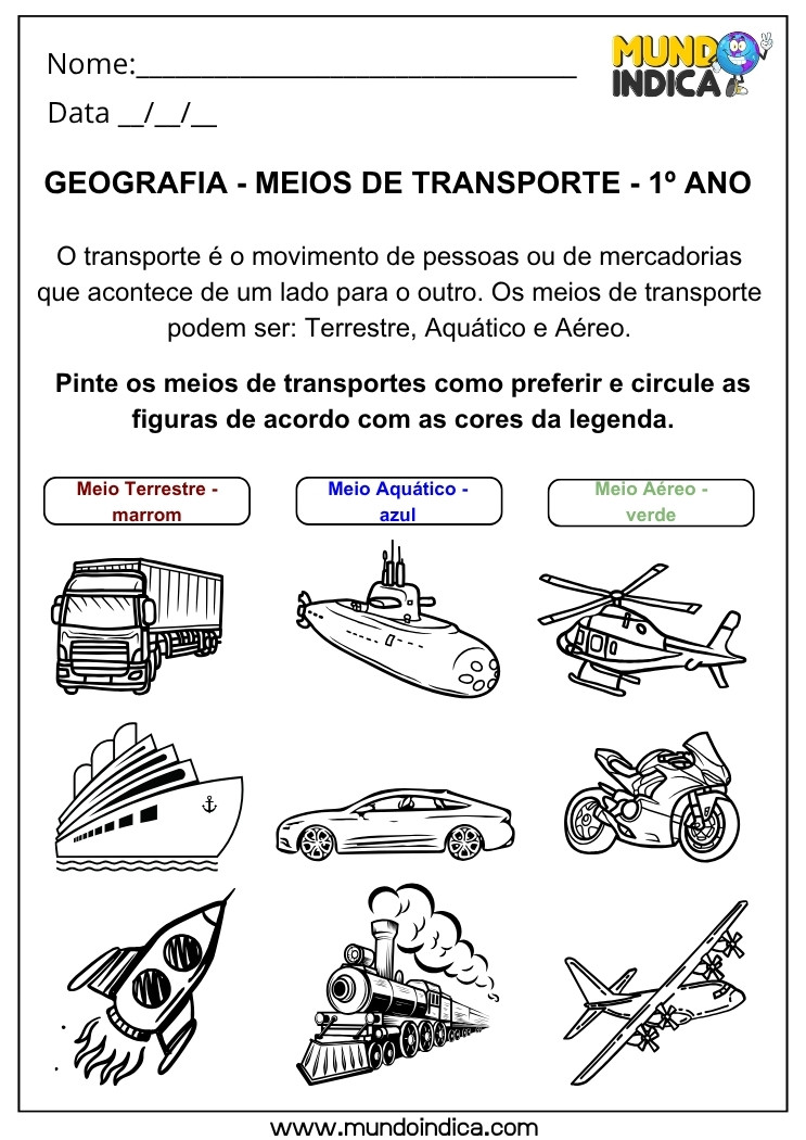 Atividade Lúdica de Geografia com Classificação de Meios de Transporte para Imprimir