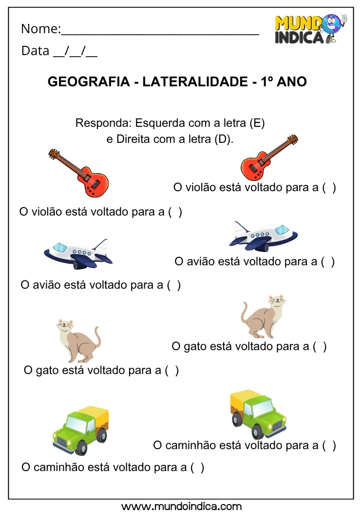 Atividade de Alfabetização Geográfica sobre Localização com Orientação Espacial e Lateralidade para Imprimir
