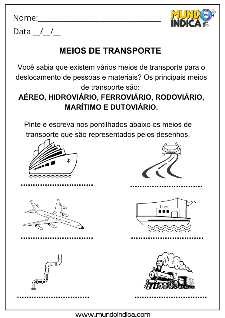 Atividade de Alfabetização Geográfica sobre Meios de Transporte com Imagens para Identificar, Pintar e Escrever