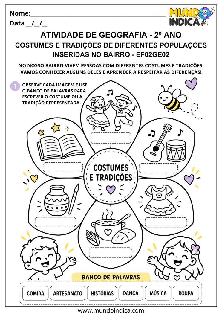 Atividade de Geografia 2º ano sobre Costumes e Tradições de Diferentes Populações Inseridas no Bairro - EF02GE02